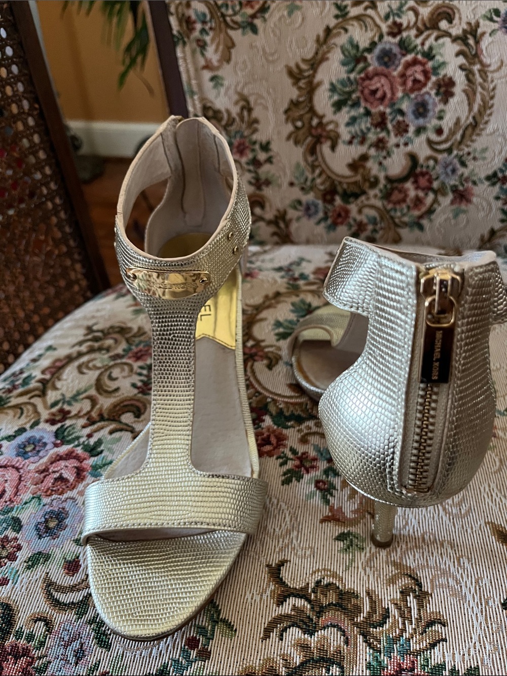 Michael Kors Metallic Gold T-Strap Heels with Back Zip